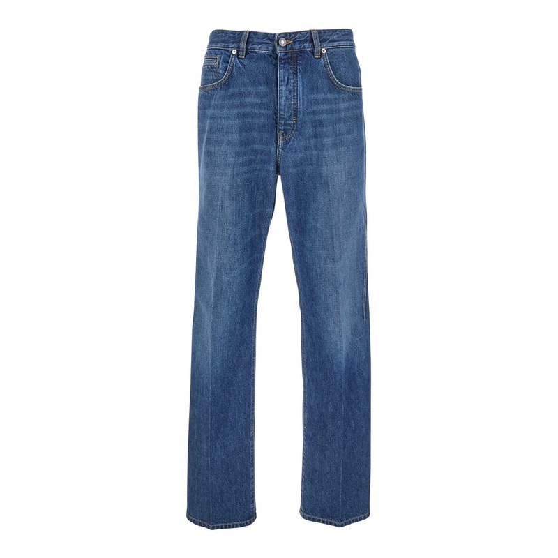 Blue Five-Pocket Jeans with Logo Patch on the Back in Denim Man
