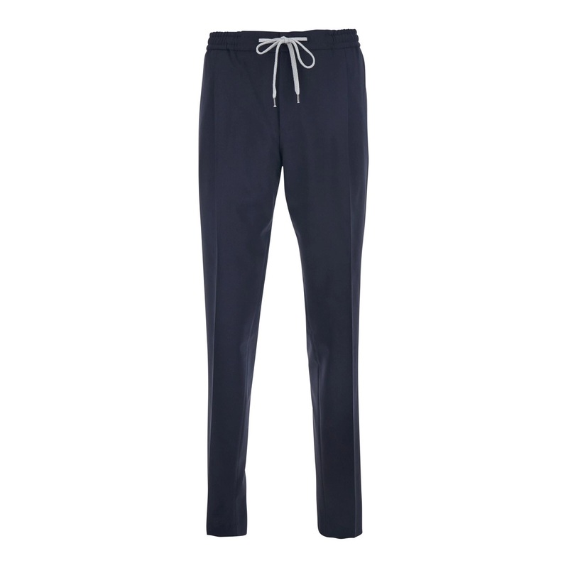 Blue Pants with Drawstring Waist in Wool Stretch Man
