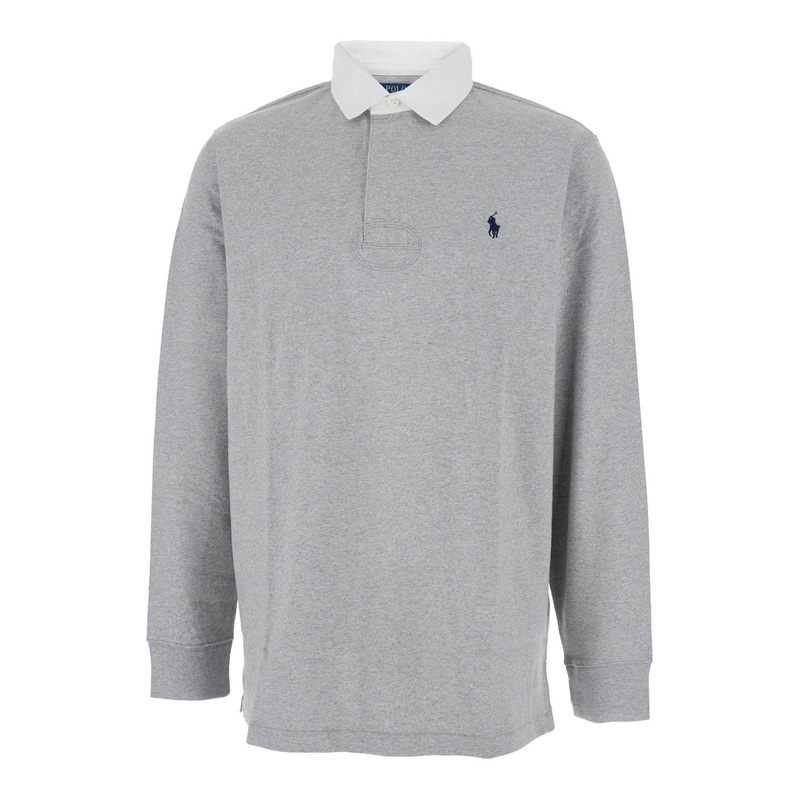 ‘Rugby Fit’ Grey Polo Shirt with Contrasting Collar and Pony Embroidery on the Front in Cotton Man
