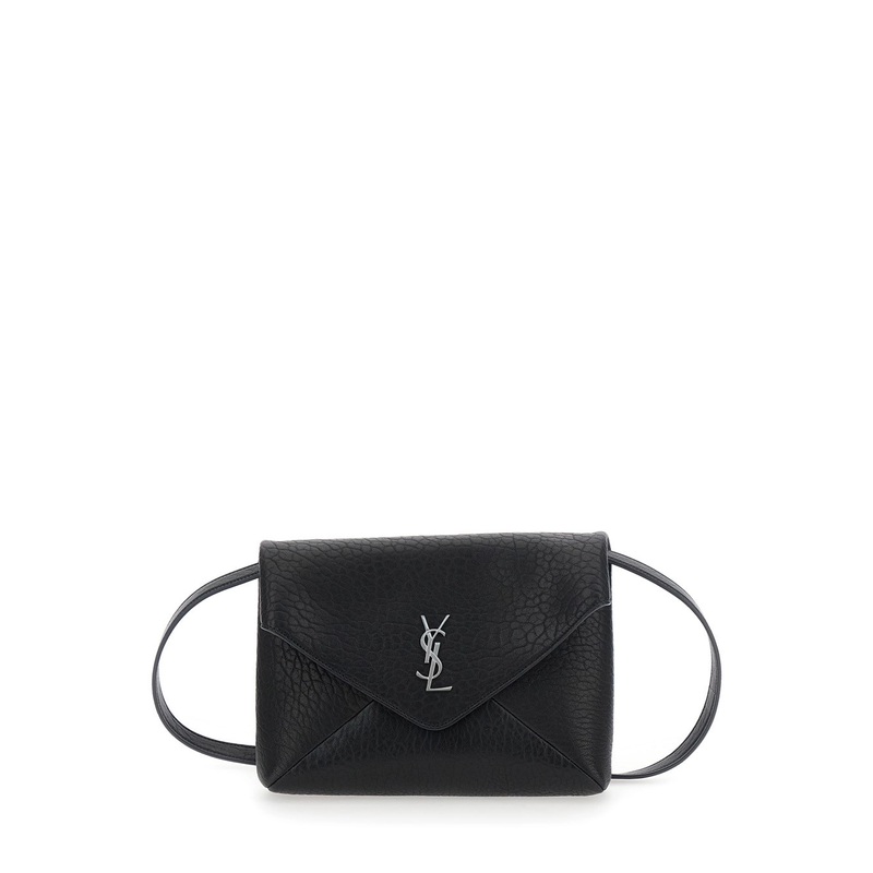 Black Crossbody Bag with Envelope Design and Cassandre Plaque on the Front in Grained Leather Woman