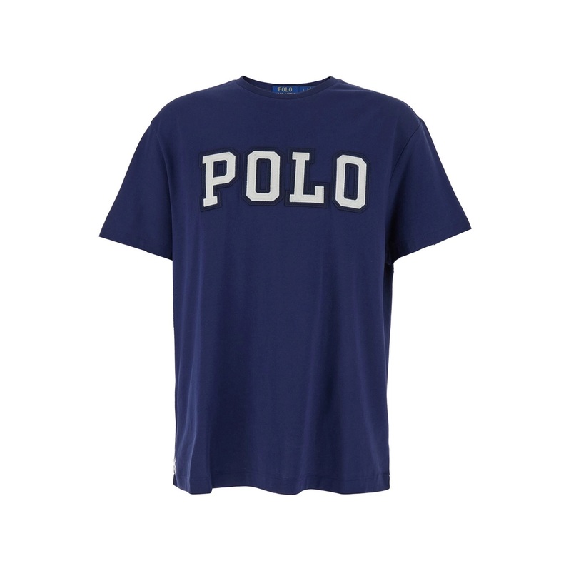 Blue Crewneck T-Shirt with Logo Lettering on the Fornt and Pony Embroidery on the Front in Cotton Man