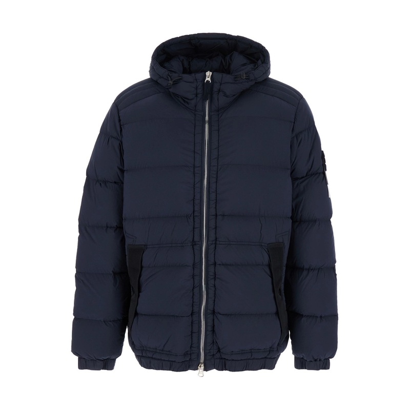 Blue Hooded Down Jacket with Logo Patch in Nylon Man