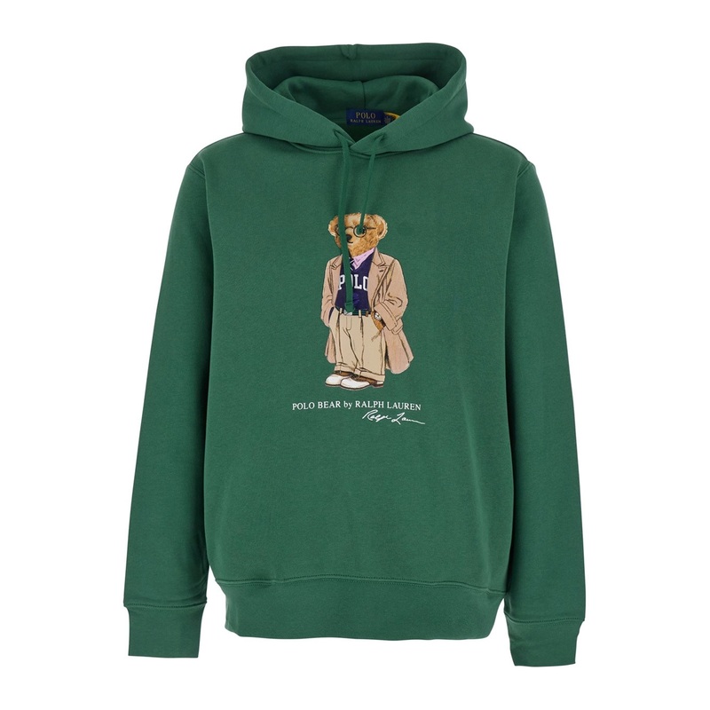 Green Hoodie with Drawstring Hood and Logo Print on the Front in Cotton Blend Man