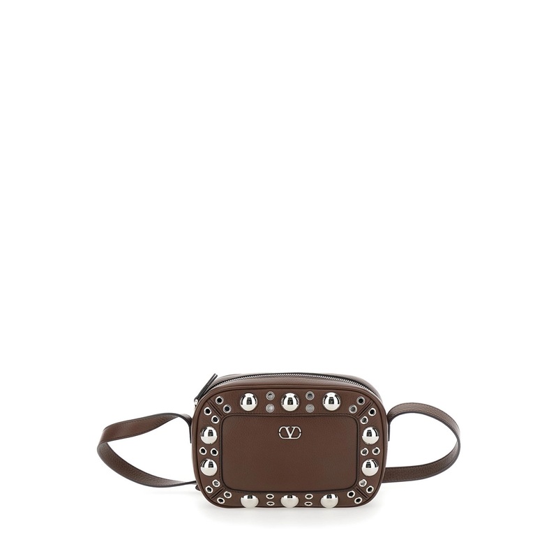 ‘Nellcote’ Brown Crossbody Bag with Adjustable Shoulder Strap and Stud Embellishments in Grained Leather Man