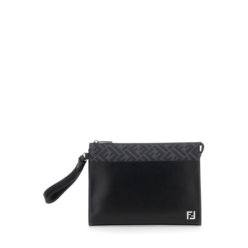 Black Cltuch with FF Motif and FF Logo Plaque in Leather Man