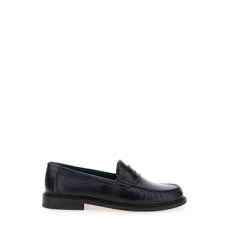 Black Loafers with Embossed Lizard Effect and Almond Toe in Leather Man