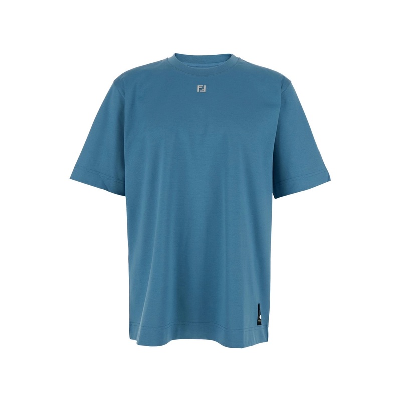 Blue Crew Neck T-Shirt with Metallic Logo on the Front in Cotton Man