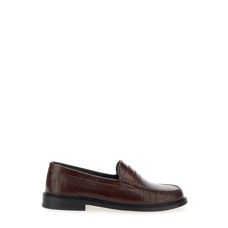 Brown Loafers with Embossed Lizard Effect and Almond Toe in Leather Man