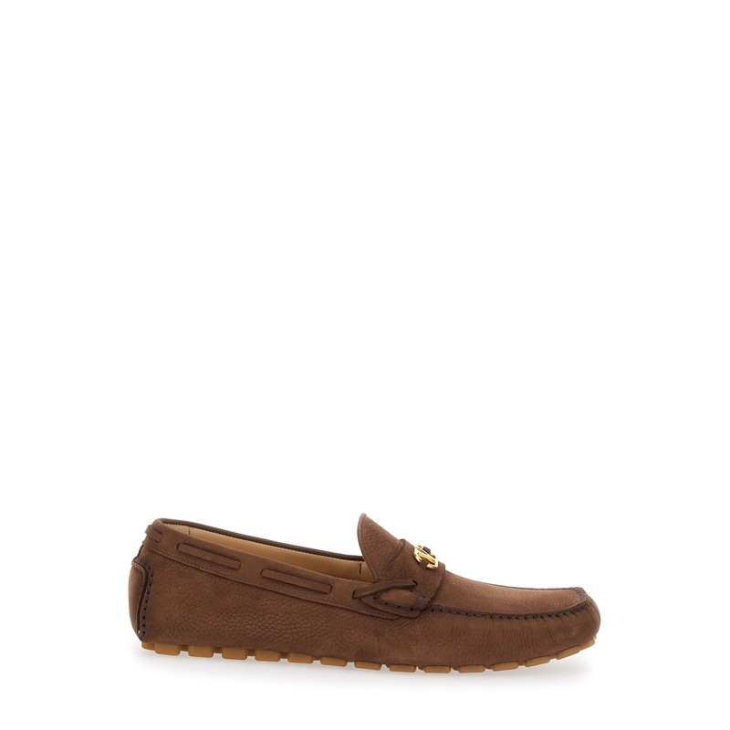 Brown Loafers with Round Toe and VLogo Plaque in Suede Man
