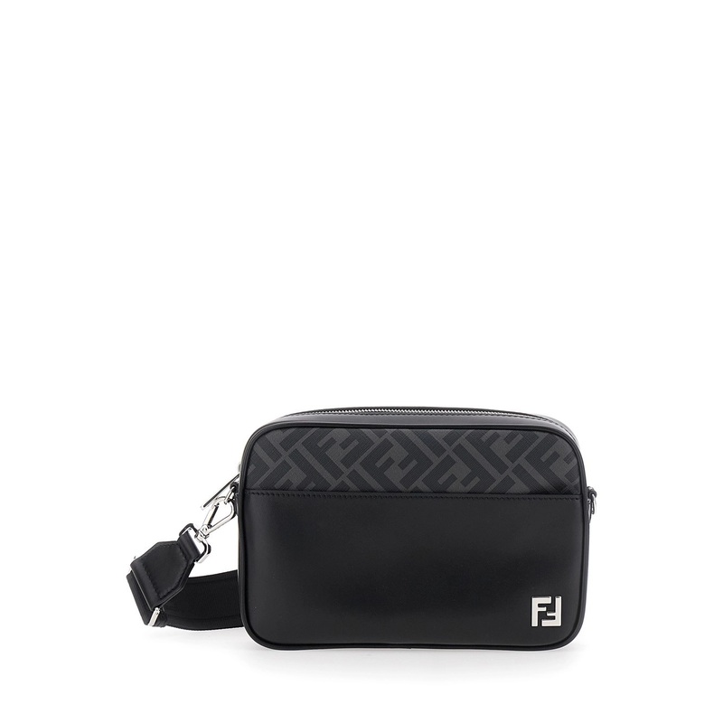 Camera Case Black Crossbody Bag with FF Motif in Leather Man