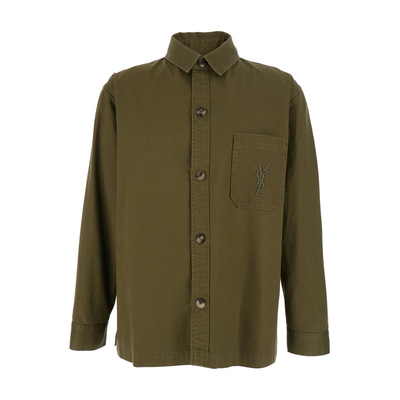 Green Shirt with Classic Collar and Cassandre Embroidery on the Front in Cotton Man