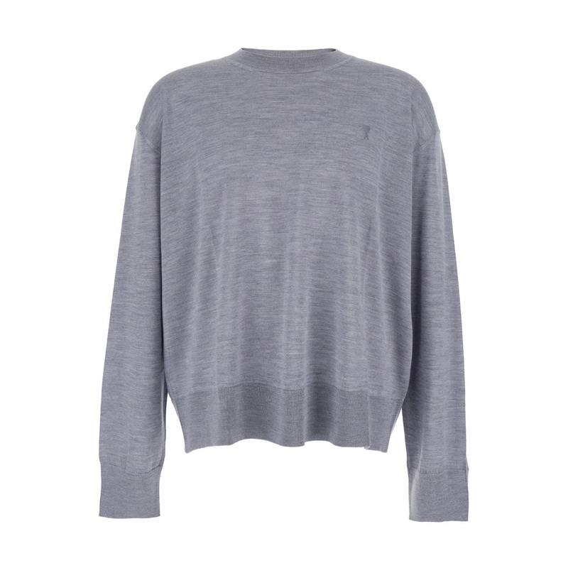 Grey Crew Neck Sweater with Embroidered Logo on the Front in Wool Man