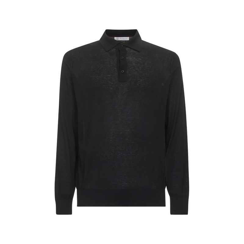 Black cotton and silk knit polo shirt