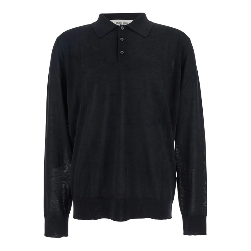 Black Polo Shirt with Classic Collar and Long Sleeves in Wool Man