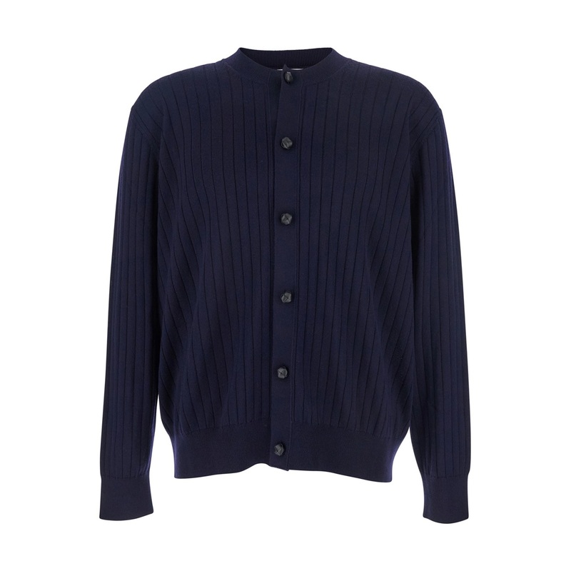 Blue Crewneck Ribbed Knit Cardigan in Wool Man