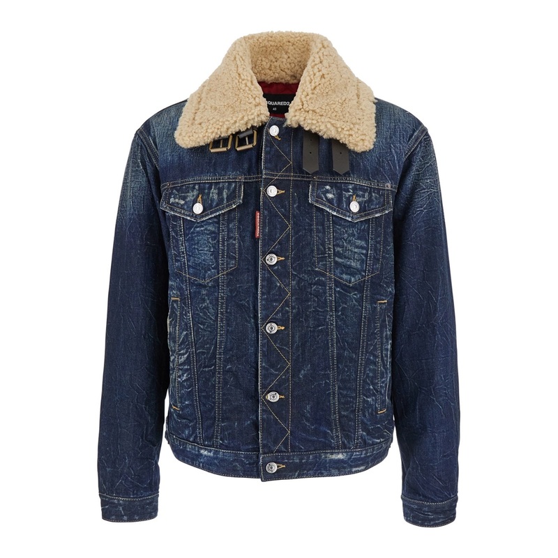 Blue Jacket with Belted Fur Collar in Denim Man