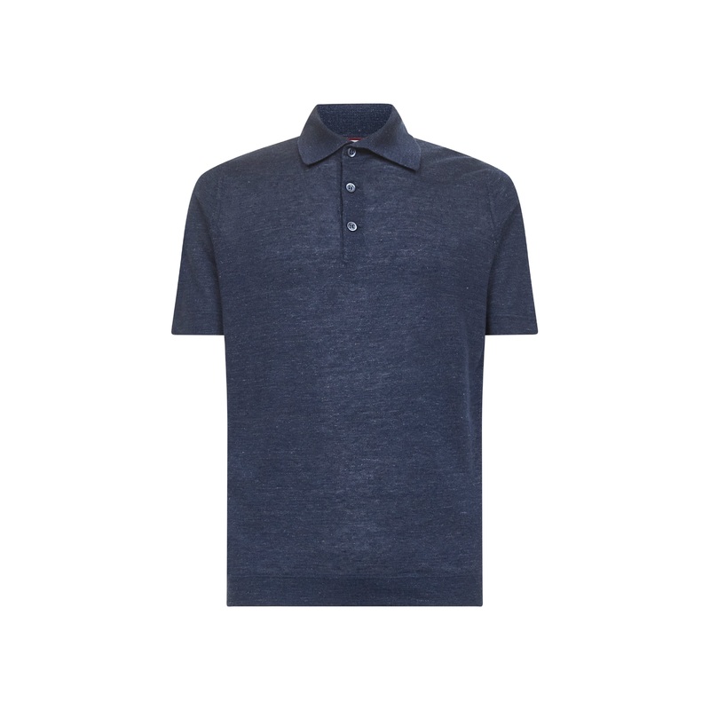 Blue linen and cotton knit polo shirt