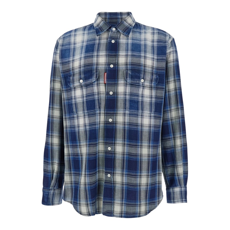 Blue Shirt with Classic Collar and All-Over Check Motif in Cotton Man