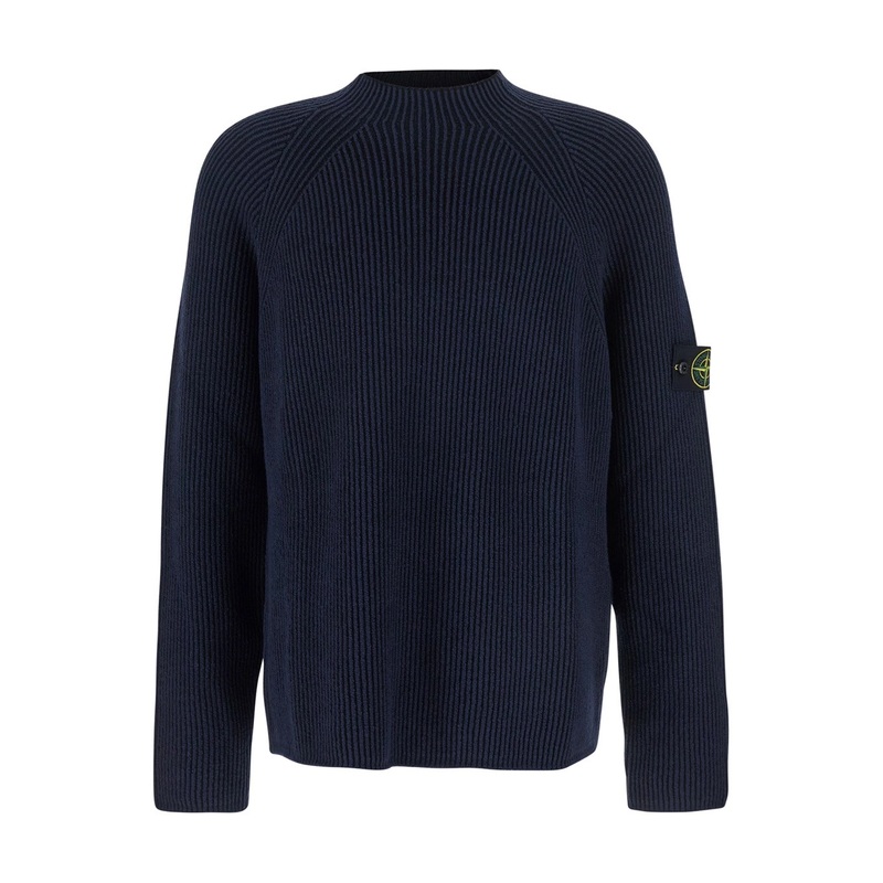Blue Sweater with Ribbed Design and Logo Patch on Sleeve in Virgin Wool Blend Man