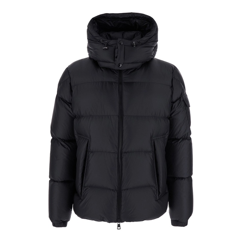 ‘Couyere’ Black Down Jacket with Drawstring Hood and Logo Patch on the Sleeve in Tech Fabric Man