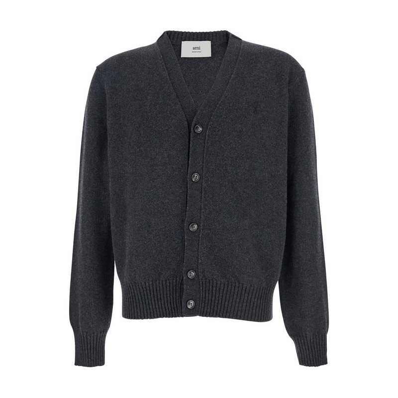 Grey Cardigan with Round Neck and ADC Embroidery on the Front in Wool Man