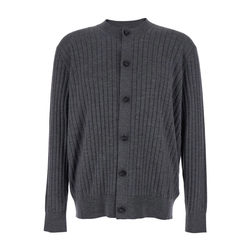 Grey Crewneck Cardigan with Front Button Closure and Ribbed Knit in Wool Man