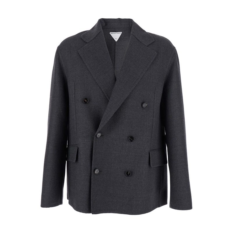 Grey Double-Breasted Coat with Notched Revers in Wool Man