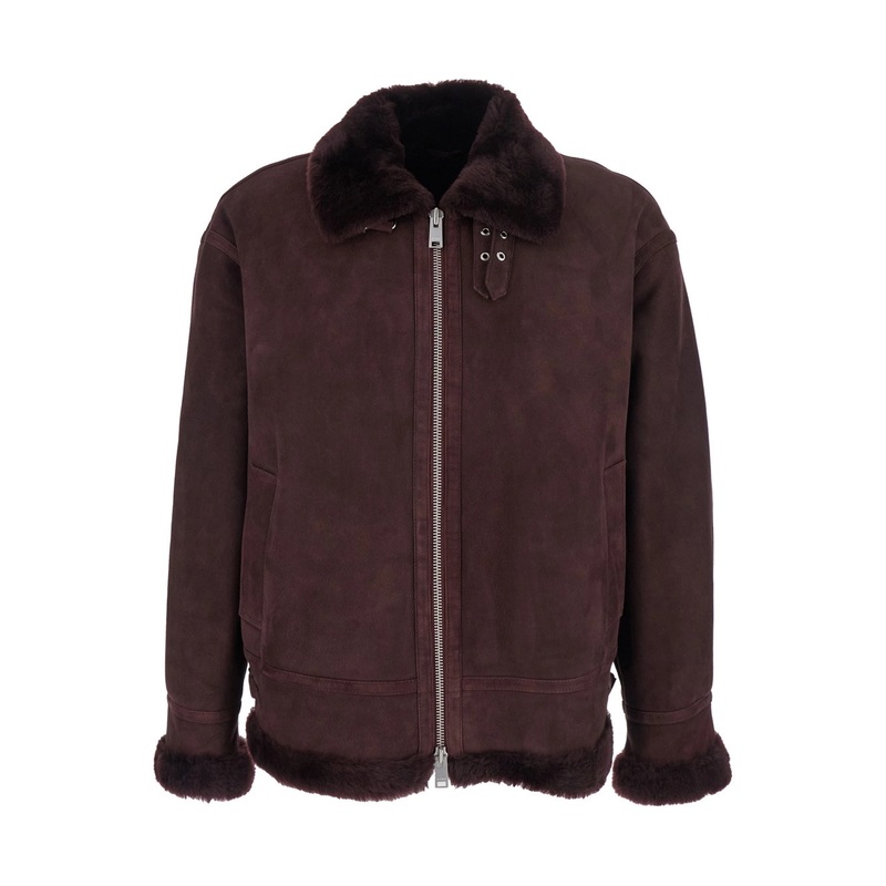 ‘Sano’ Bordeaux Shearling Jacket with Belt Detail and Fur Trims in Suede Woman