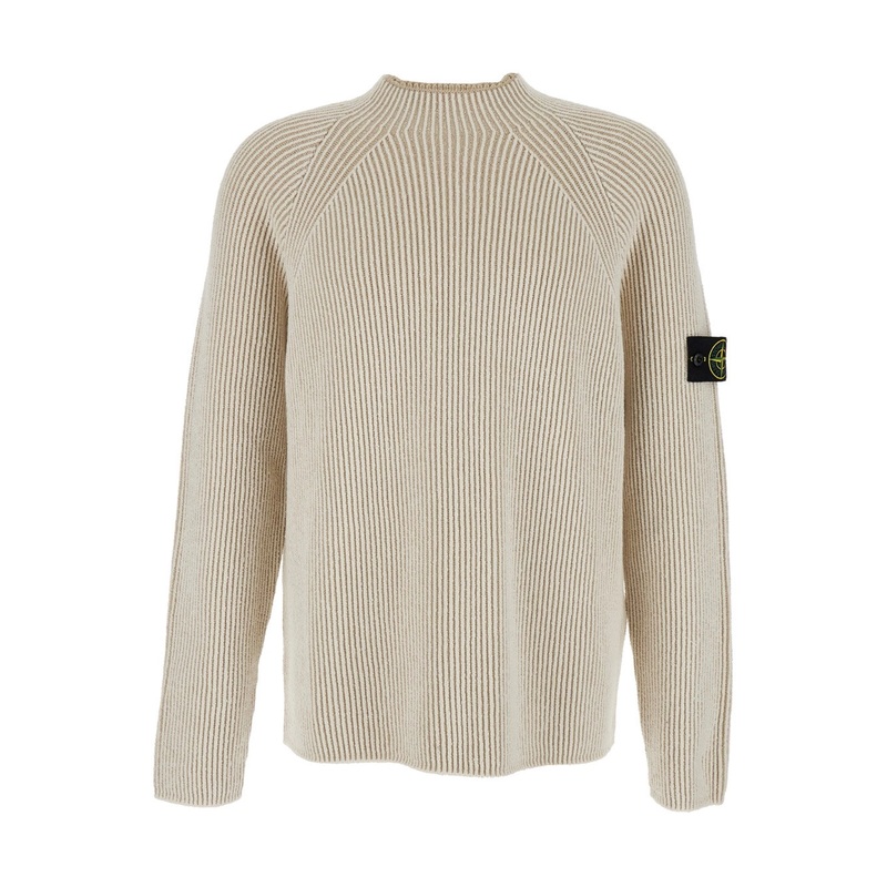 White Sweater with Ribbed Design and Logo Patch on Sleeve in Virgin Wool Blend Man