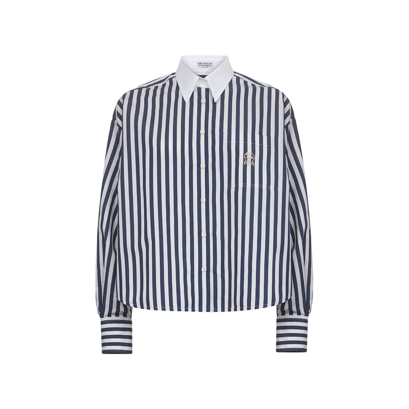 Blue striped poplin logo shirt