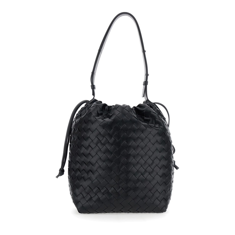 Black Shoulder Bag with Drawstring Closure and Intrecciato Motif in Leather Man