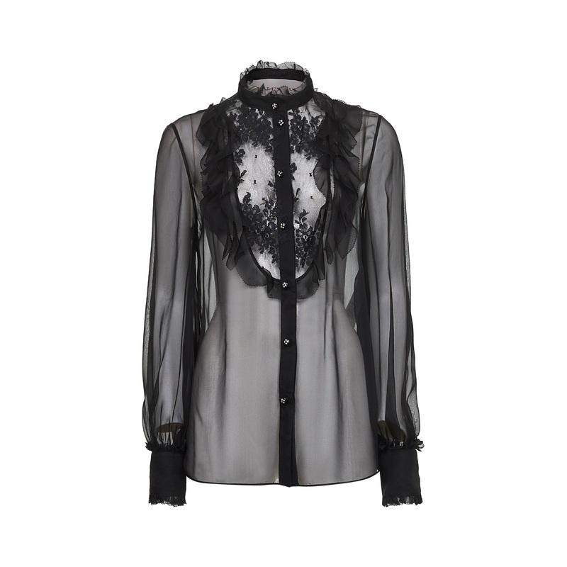 Black silk georgette shirt with lace insert