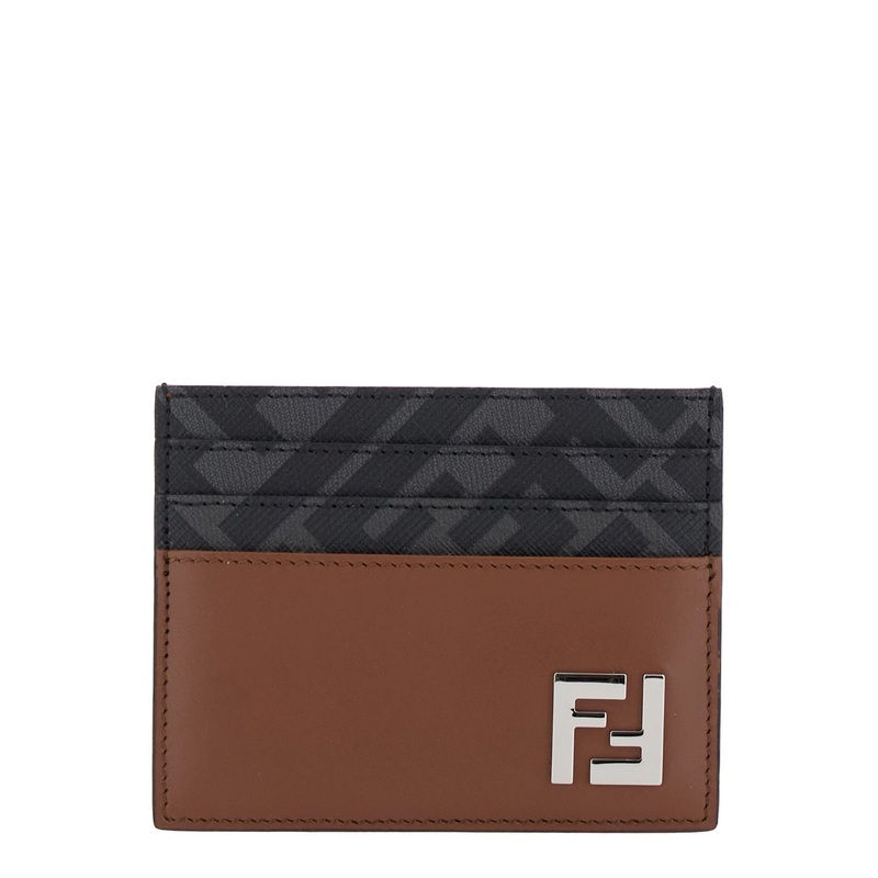 Brown Card Holder with FF Plaque on the Front in Leather and FF Canvas Man