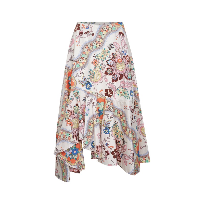 Floral and butterfly print cotton asymmetric midi skirt