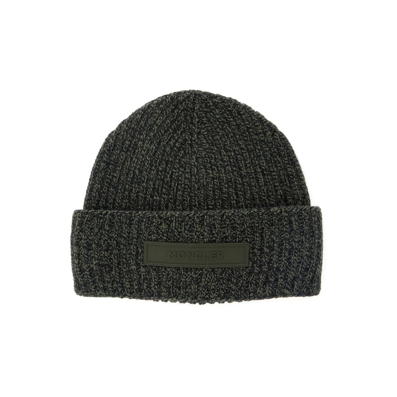 Green Beanie with Logo Patch on the Front in Wool and Cashmere Man