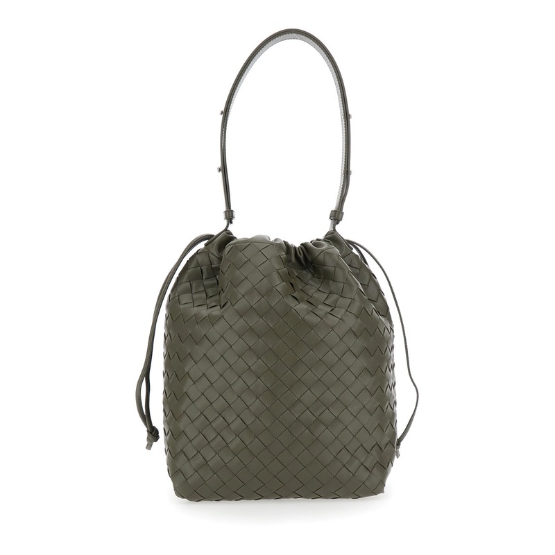 Green Shoulder Bag with Drawstring Closure and Intrecciato Motif in Leather Man