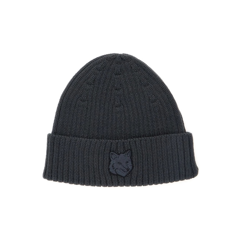 Grey Knitted Hat with Fox Patch on the Front in Wool Man