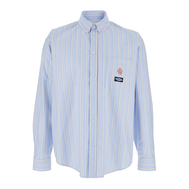 Light Blue Shirt with All-Over Striped Motif and Logo on the Front in Cotton Man