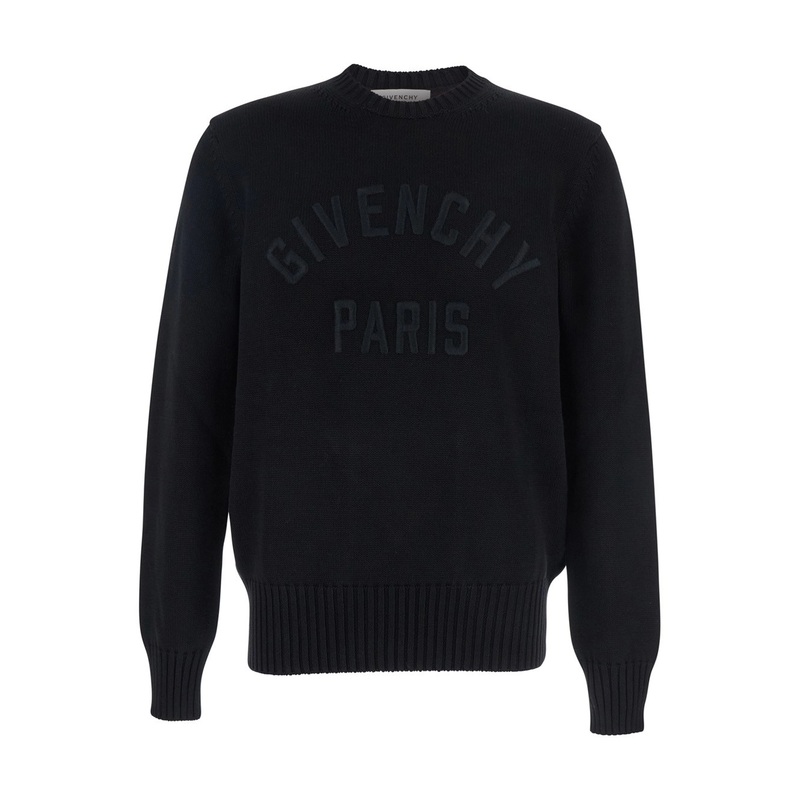 Black Crew Neck Sweater with Logo Lettering on the Front in Cotton Man