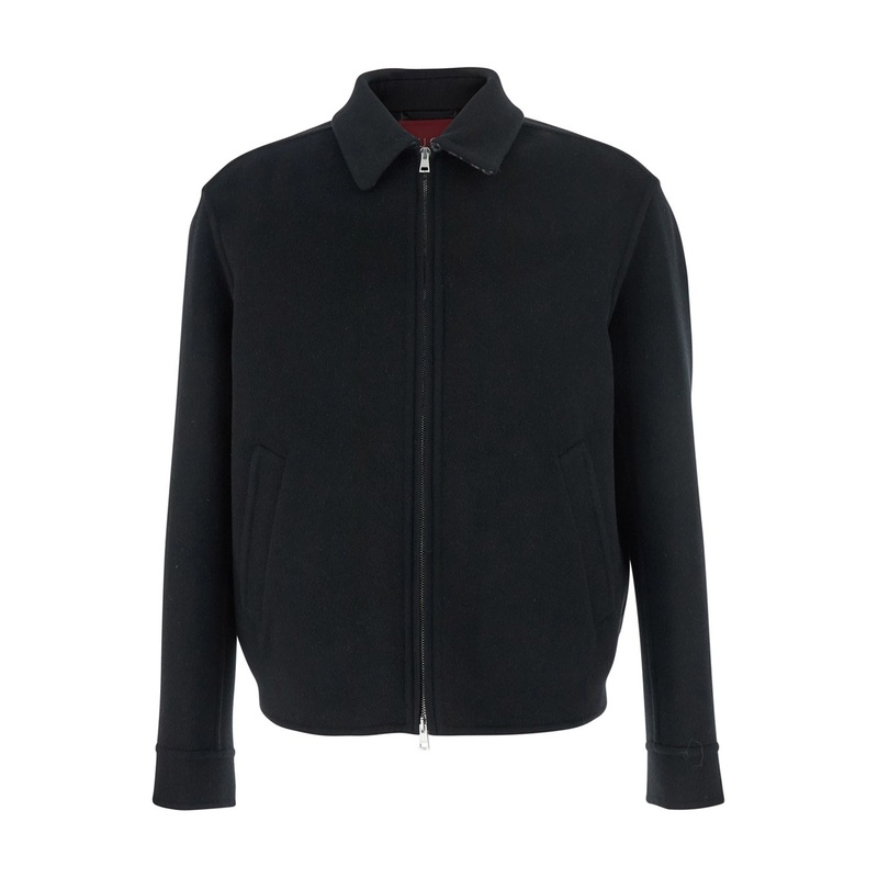 Black Jacket with Classic Collar and Front Zip Closure in Wool Man