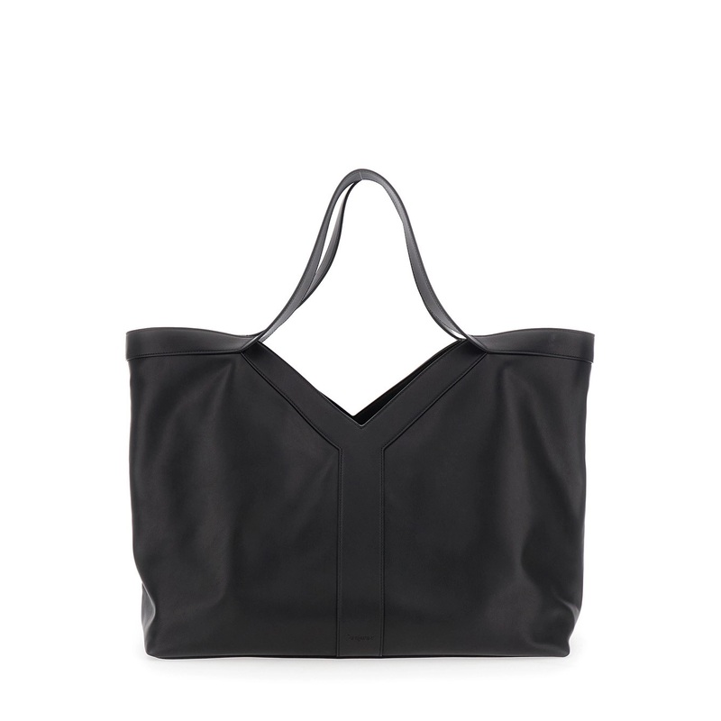 Black Tote Bag with Two Top Handles and Hook Closure in Leather Man