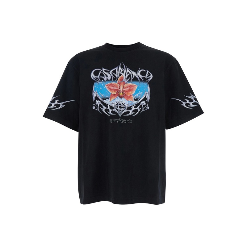 ‘Blades’  Black Crewneck T-Shirt with Maxi Print on the Front in Cotton Jersey Man