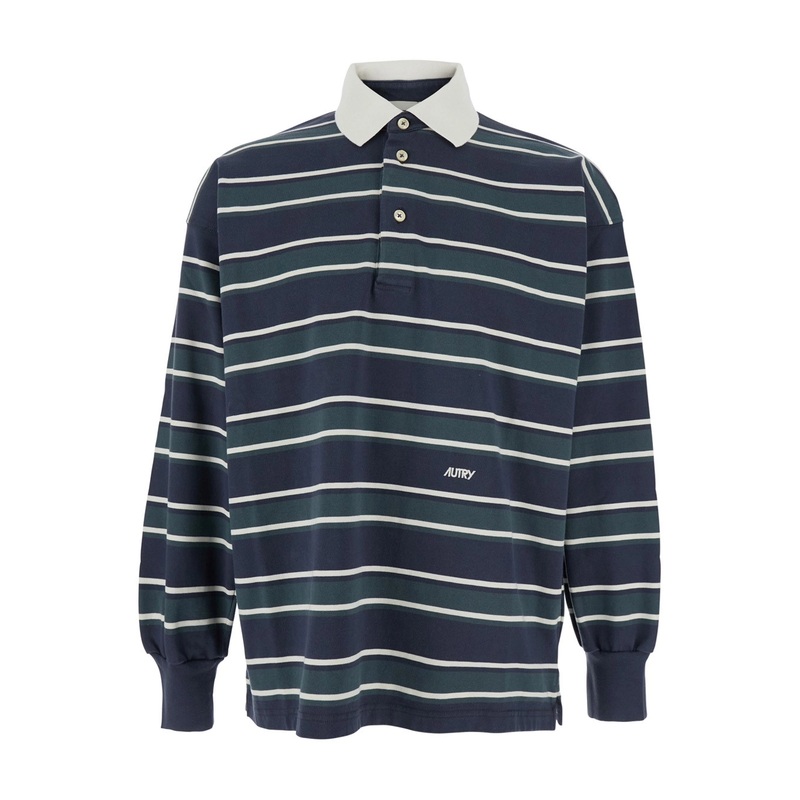 Blue Polo Shirt with Classic Collar and All-Over Striped Motif in Cotton Man