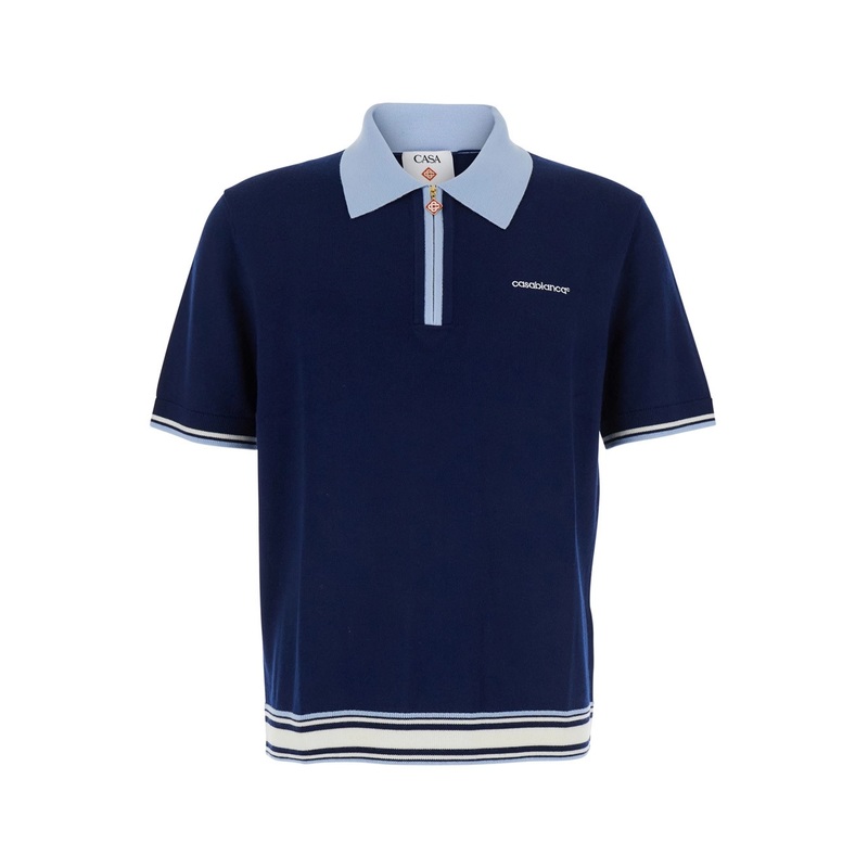 Blue Polo Shirt with Classic Collar and Logo Lettering Embroidery on the Front in Wool Man