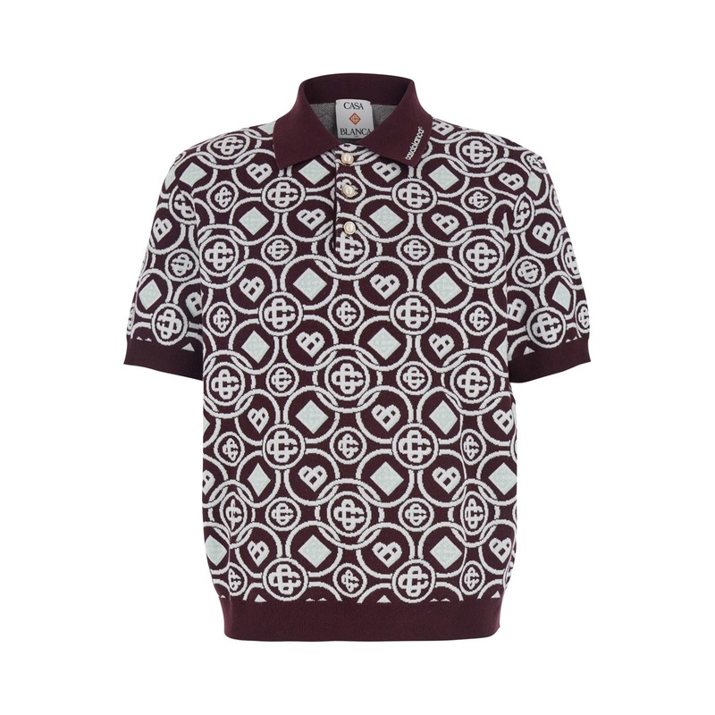 Bordeaux Polo Shirt with Classic Collar and All-Over Monogram in Cotton Man