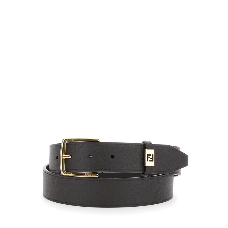 Brown Belt with FF Plaque in Grained Leather Man