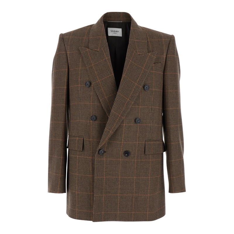 Brown Double-Breasted Jacket with Peak Revers and Stripe Motif in Wool Man