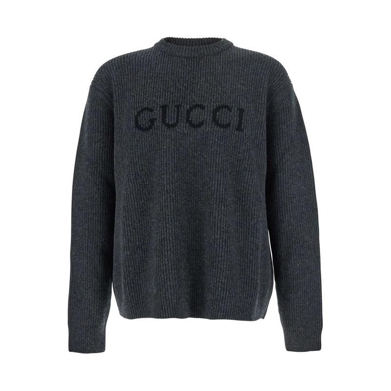 Grey Crewneck Sweater with Logo Lettering Embroidery on the Front in Wool Man