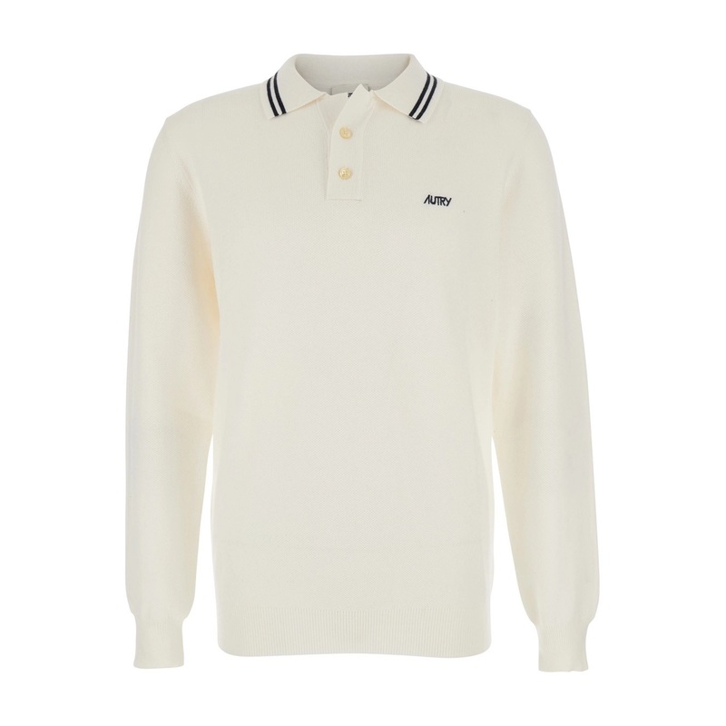 White Long-Sleeve Polo Shirt with Striped Collar and Logo Lettering Embroidery on the Front in Wool and Cotton Blend Man