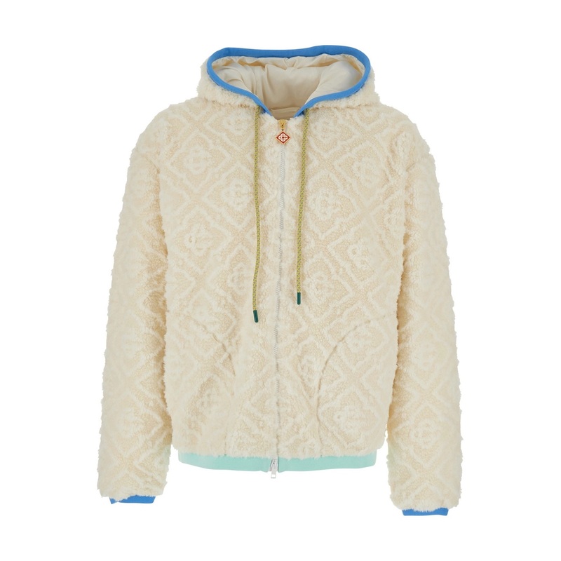 Beige Jacket with All-Over Monogram and Fixed Hood in Fabric Man